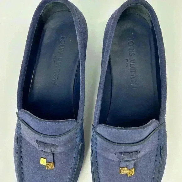 Louis Vuitton Blue Suede Shoes Leather Loafers Sz 37.5 US Womens Logo - Picture 3 of 15